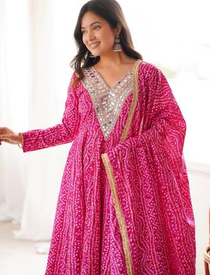  traditional pink bandhani anarkali set with embellished v-neck 2