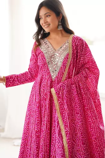 New trendy traditional pink bandhani anarkali set with embellished v-neck