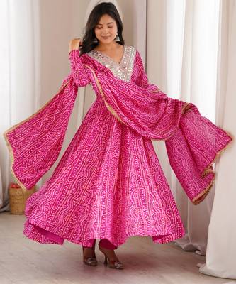  traditional pink bandhani anarkali set with embellished v-neck 3