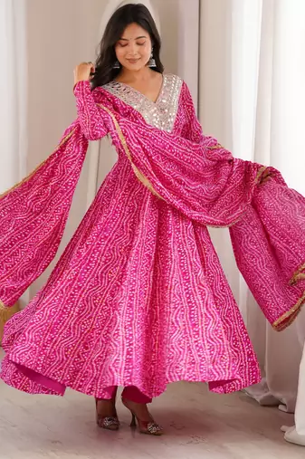 New trendy traditional pink bandhani anarkali set with embellished v-neck