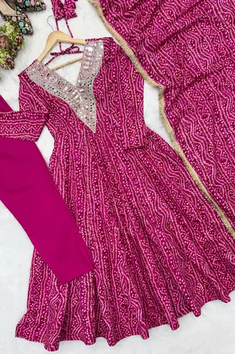 New trendy traditional pink bandhani anarkali set with embellished v-neck