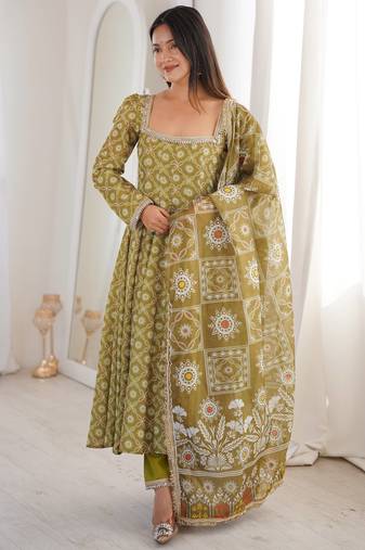 Olive green floral printed anarkali suit with detailed square neckline