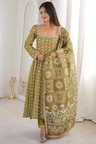 Olive green floral printed anarkali suit with detailed square neckline
