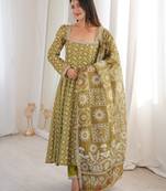 Olive green floral printed anarkali suit with detailed square neckline