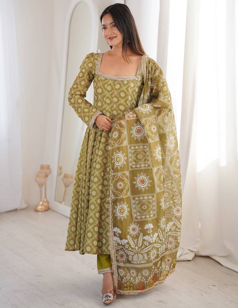 Olive green floral printed anarkali suit with detailed square neckline