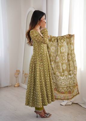 Olive green floral printed anarkali suit with detailed square neckline 2