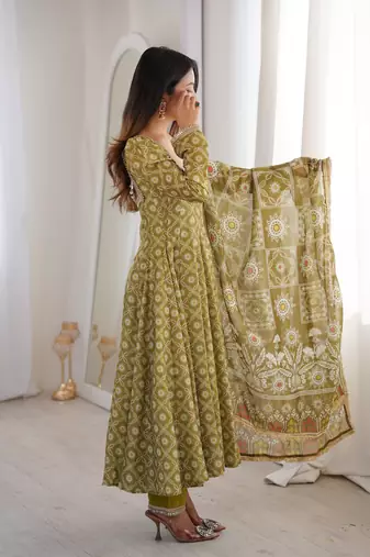 Olive green floral printed anarkali suit with detailed square neckline