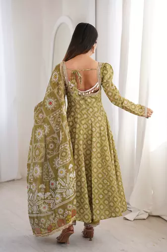 Olive green floral printed anarkali suit with detailed square neckline