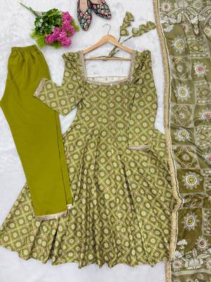 Olive green floral printed anarkali suit with detailed square neckline 4