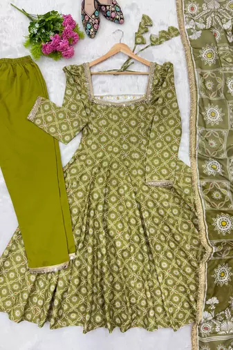 Olive green floral printed anarkali suit with detailed square neckline