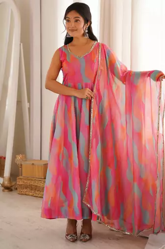  womens vibrant multi-colored abstract print sleeveless anarkali suit with dupatta