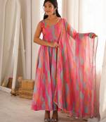 New womens vibrant multi-colored abstract print sleeveless anarkali suit with dupatta
