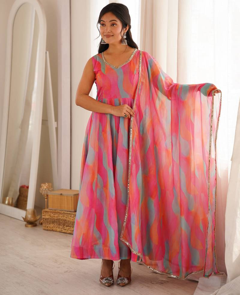New womens vibrant multi-colored abstract print sleeveless anarkali suit with dupatta
