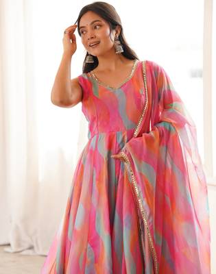  womens vibrant multi-colored abstract print sleeveless anarkali suit with dupatta 2