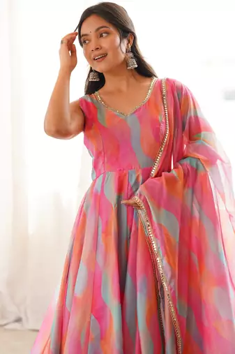  womens vibrant multi-colored abstract print sleeveless anarkali suit with dupatta