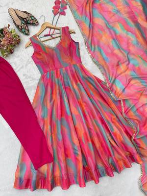  womens vibrant multi-colored abstract print sleeveless anarkali suit with dupatta 4