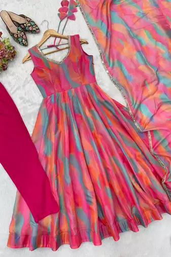  womens vibrant multi-colored abstract print sleeveless anarkali suit with dupatta