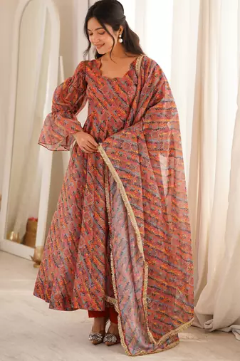Women's multicolour printed ethnic gown with bell sleeves and dupatta