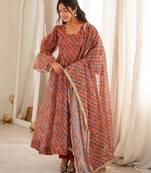 Women's multicolour printed ethnic gown with bell sleeves and designer dupatta