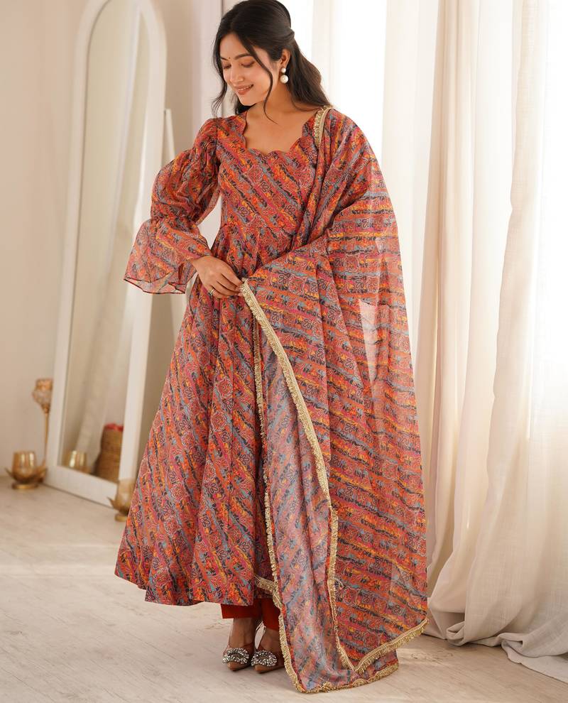 Women's multicolour printed ethnic gown with bell sleeves and designer dupatta