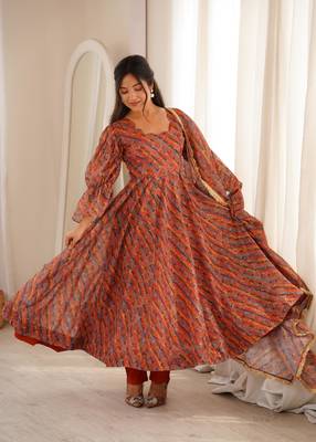 Women's multicolour printed ethnic gown with bell sleeves and dupatta 2