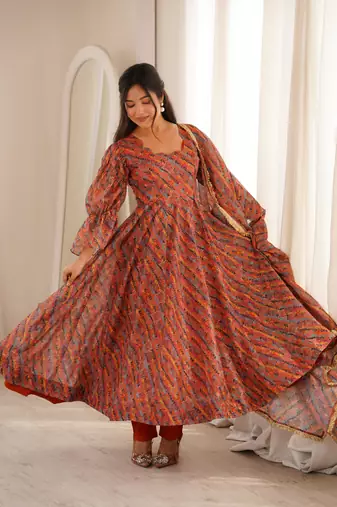 Women's multicolour printed ethnic gown with bell sleeves and dupatta