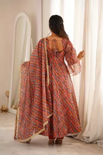 Women's multicolour printed ethnic gown with bell sleeves and dupatta