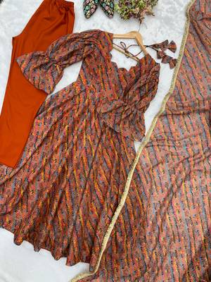 Women's multicolour printed ethnic gown with bell sleeves and dupatta 4