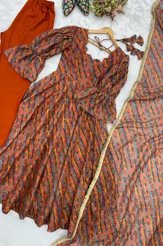 Women's multicolour printed ethnic gown with bell sleeves and dupatta