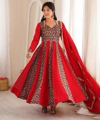 Women's red black paisley print anarkali gown set with dupatta festive ethnic wear 1
