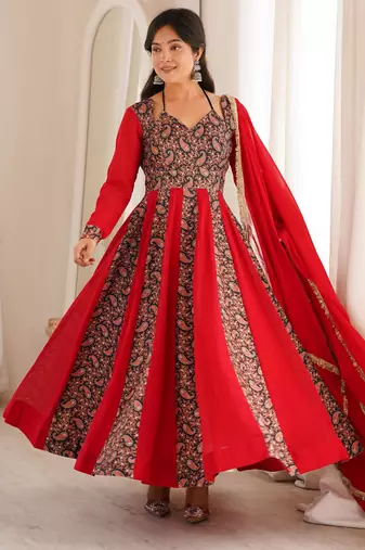 Women's red  black paisley print anarkali gown set with dupatta  festive ethnic wear
