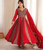 Women's red  black paisley print anarkali gown set with dupatta  festive ethnic wear