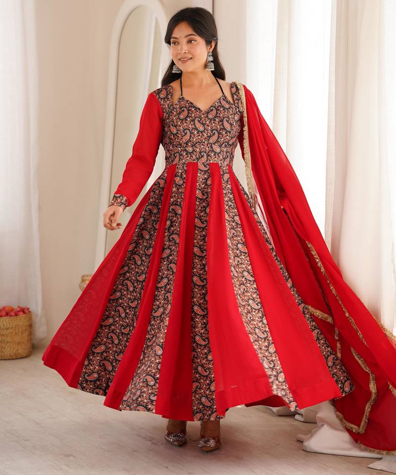 Women's red  black paisley print anarkali gown set with dupatta  festive ethnic wear