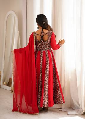 Women's red black paisley print anarkali gown set with dupatta festive ethnic wear 2