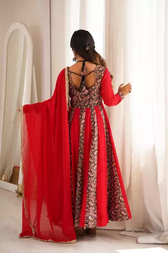 Women's red  black paisley print anarkali gown set with dupatta  festive ethnic wear