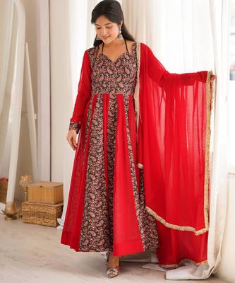 Women's red black paisley print anarkali gown set with dupatta festive ethnic wear 3