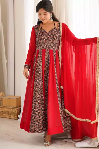 Women's red  black paisley print anarkali gown set with dupatta  festive ethnic wear