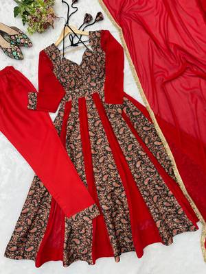 Women's red black paisley print anarkali gown set with dupatta festive ethnic wear 4