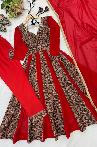 Women's red  black paisley print anarkali gown set with dupatta  festive ethnic wear