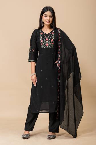 Black floral embroidered mul cotton kurta pant set for women