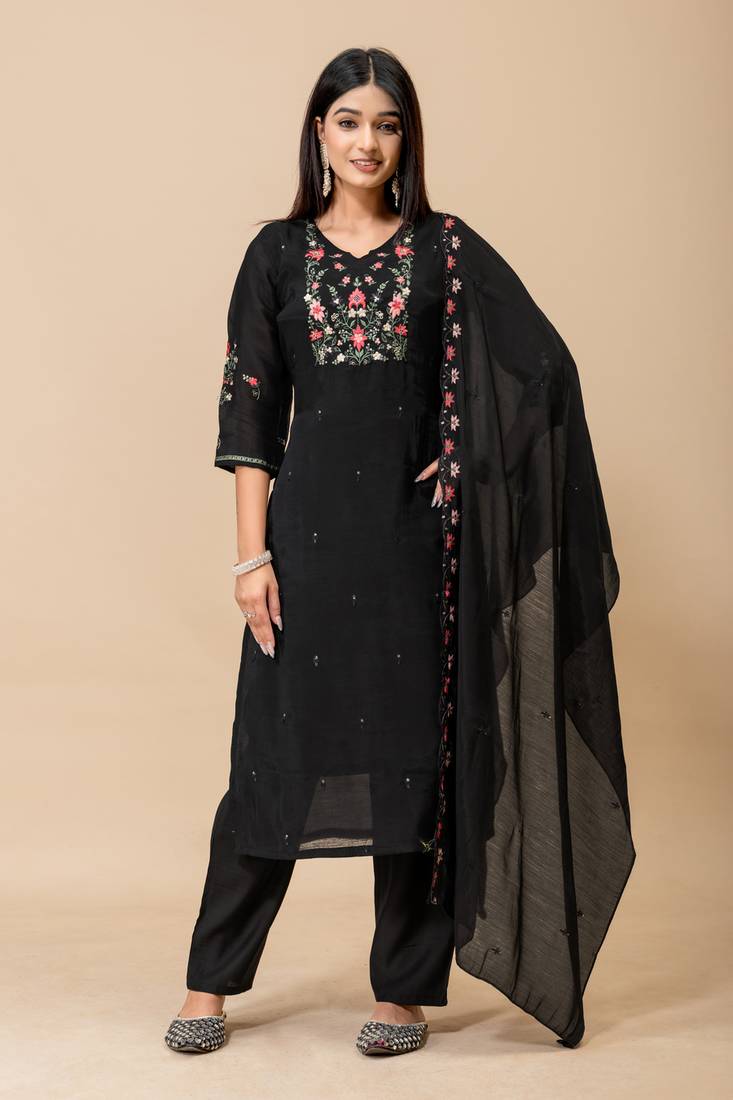 Black floral embroidered mul cotton kurta pant set for women