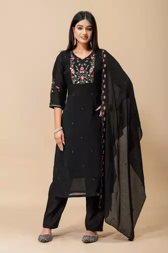 Black floral embroidered mul cotton kurta pant set for women