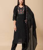Black floral embroidered mul cotton kurta pant set for women
