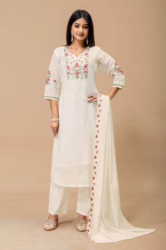 White floral embroidered mul cotton kurta pant set for women