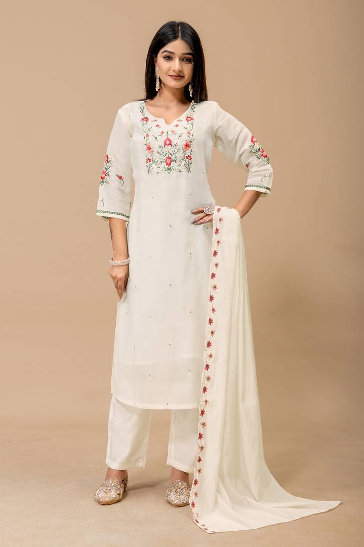 White floral embroidered mul cotton kurta pant set for women