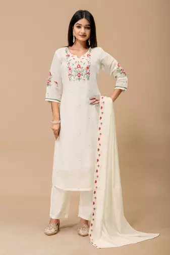 White floral embroidered mul cotton kurta pant set for women