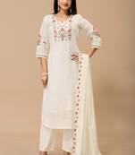 White floral embroidered mul cotton kurta pant set for women