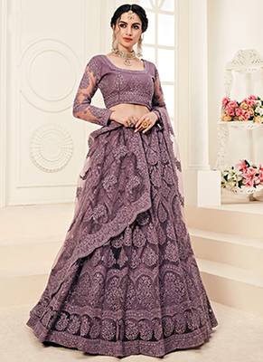 Violet indian wedding wear premium net lehenga choli set with heavy silk inner for women's 1