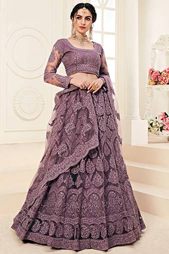 Violet indian wedding wear premium net lehenga choli set with heavy silk inner for women's