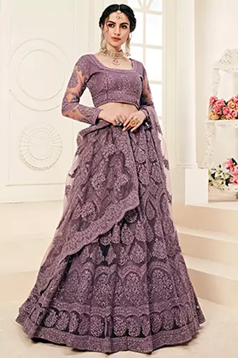 Violet indian wedding wear premium net lehenga choli set with heavy silk inner for women's
